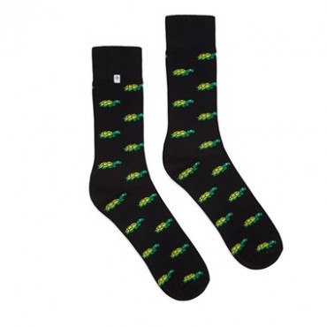 4lck Black Socks with green funny Turtle, for ladies