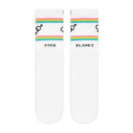 4lck white socks with rainbow stripes and inscription Free Planet, Unisex, lgbt socks