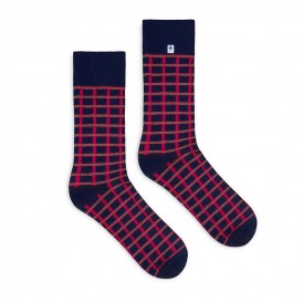 Blue socks with red checker