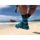 4lck colourful socks with blue and turquoise stripes, striped socks on Lazio Beach Seychelles