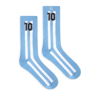 4lck light blue Football Socks with white vertical stripes and black number 10 - Argentina