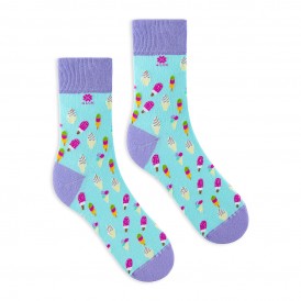 Celadon green pistachio funny socks with colourful ice cream and violet cuff