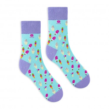 Celadon green pistachio funny socks with colourful ice cream and violet cuff