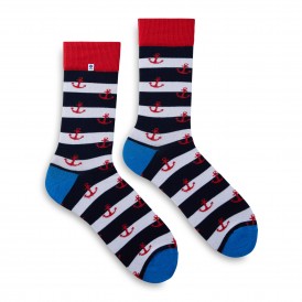 4lck socks with white blue stripes and red anchor, sea motif socks for sailing and yachting fan